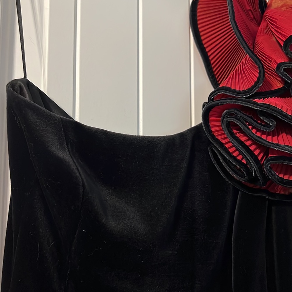 Frank Usher Black Velvet Gown wRed Rosette